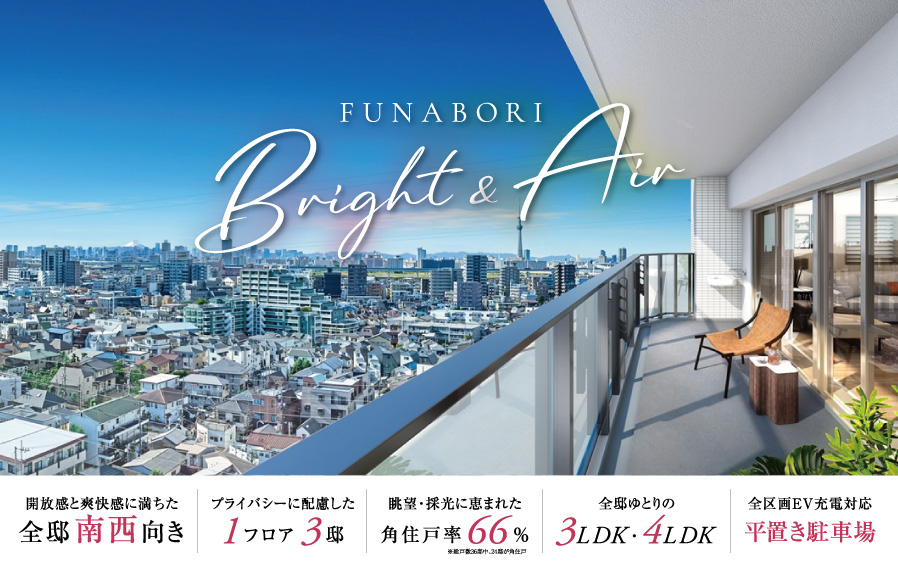 ガーラ・レジデンス船堀ブライト 全邸南西向き、前面が低層戸建街という開放感。 差し込む陽光と吹き渡る爽風が、何よりの贅沢。