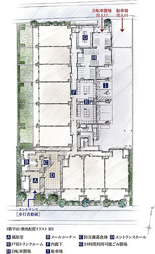 クレヴィア石神井公園 1階平面・敷地配置イラスト