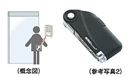 [ハンズフリーキー] 主なオートロックドアには、鍵をカバンやポケットに入れたままで解錠可能な、ハンズフリーキーを採用。※周辺通行時の意図しない解錠・誤作動防止のため、設置箇所により認証方法・認証範囲が異なります。