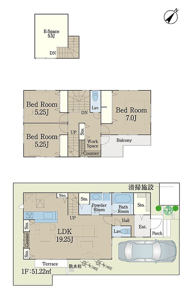 【3LDK】☆ 1号棟のＰＯＩＮＴ ☆
●対面式キッチンを採用したLDK約19.25帖、家族団らんの時間をゆったりと過ごせる邸です。
●2階にはご家族様でご使用いただけるワークスペースがございます。
