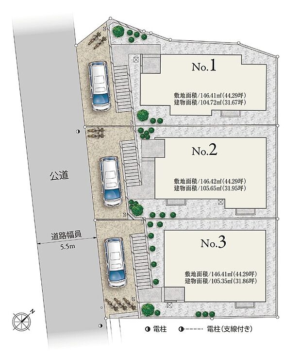 【【区画図】】敷地面積146m2超!南西側5.5m公道より高さがあり開放的なポジション!全居室が南東向きで風や陽光をたっぷりと採りこみ、快適な住空間に。ご家族とともに心地よい毎日をお過ごしいただけます。