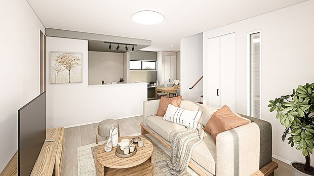 【【13号棟/LDK 完成予想CG】】対面キッチンやリビング階段により、ご家族が自然と集うLDKは、リビング収納を備えスッキリ広々!大きな南窓はテラスに面し、マルチに使えるカウンターはお子様の学習などに。