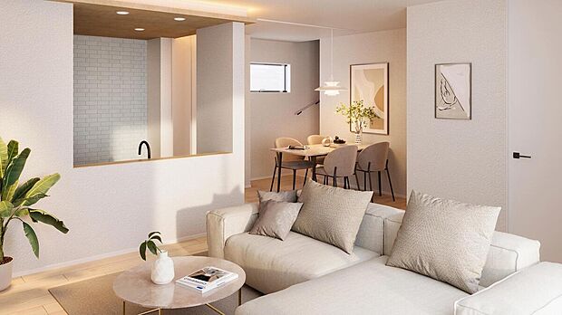 【【LDK/4号棟】】対面キッチン×リビング階段により、コミュニケーションが自然と育まれる団らん空間に。リビングには床暖房が敷設されており、冬も足元から快適にお過ごしいただけます。※完成予想CG