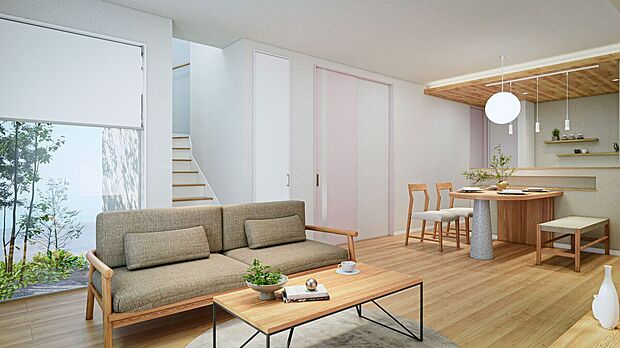 【【1号棟/LDK 完成予想CG】】LDKは全棟南テラスに面し、多面採光で明るく広々!大きな窓から注ぎ込む陽だまりが心地よく、伸びやかな景観が広がる団らん空間で、ご家族と寛ぎの時間をお過ごしいただけます。