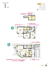 ☆ 1号棟のＰＯＩＮＴ ☆
●全居室やバルコニーが明るい南向き。
●土間収納は玄関、ホール、パントリーからの3WAY。
●2階8.0帖主寝室に面したWICはカウンター付き。メイクアップにも◎ 