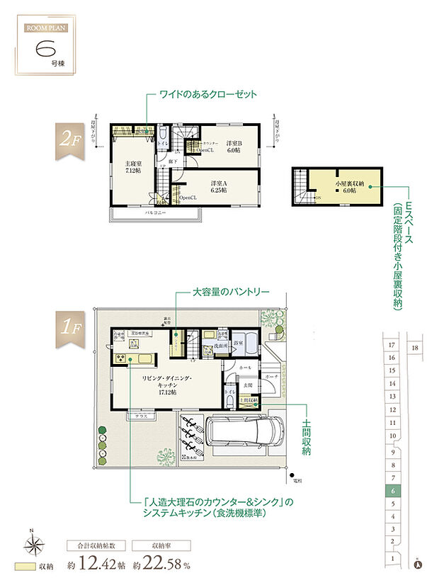 【3LDK】☆ 6号棟のPOINT ☆
●ゆとりある南庭はLDKに面し、ガーデニングやお子様の遊び場に。
●2階3洋室は6.0帖以上×全室クローゼット付き。
●Eスペースは固定階段で出入りができ、ゆったり6.0帖。