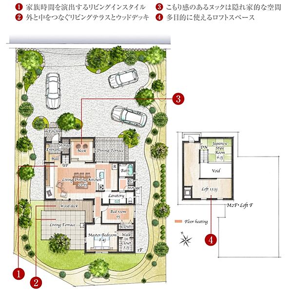 [1号地 プラン図] 間取・外構植栽図は設計図書を基に描き起こしたもので実際とは多少異なる場合があります。 家具・家電・備品・車等は価格に含まれません。