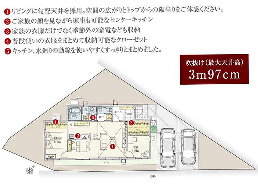 [3号地 プラン図] 間取・外構植栽図は設計図書を基に描き起こしたもので実際とは多少異なる場合があります。 家具・家電・備品・車等は価格に含まれません。