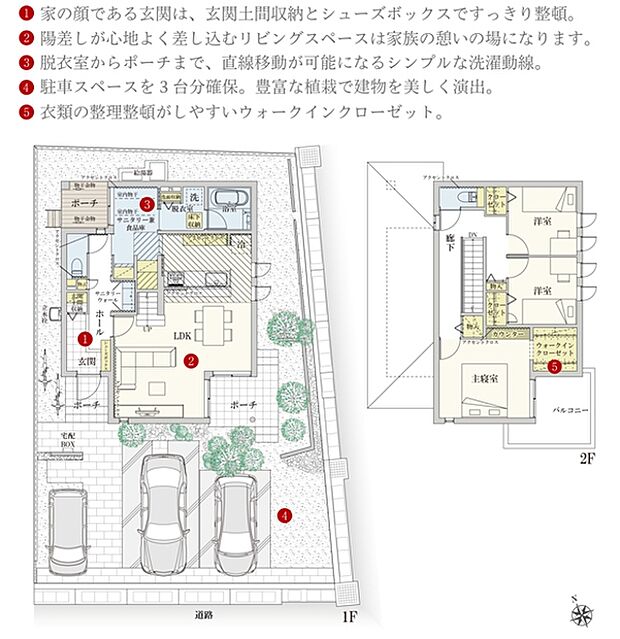  [1号地 プラン図] 間取・外構植栽図は設計図書を基に描き起こしたもので実際とは多少異なる場合があります。 家具・家電・備品・車・自転車等は価格に含まれません。