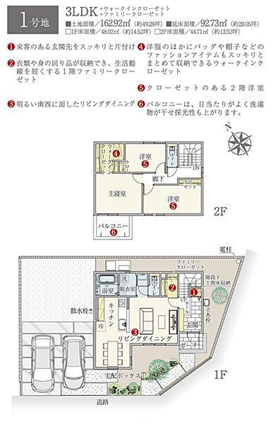 ［1号地 プラン図］※図面に基づいて描いているのでプラン及び外構・植栽については、実際とは多少異なる場合があります。また、車・家具・家電・備品等は販売価格に含まれません。