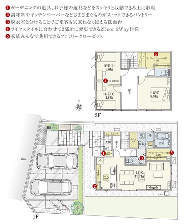 [1号地 プラン図] 間取・外構植栽図は設計図書を基に描き起こしたもので実際とは多少異なる場合があります。 家具・家電・備品・車・自転車等は価格に含まれません。