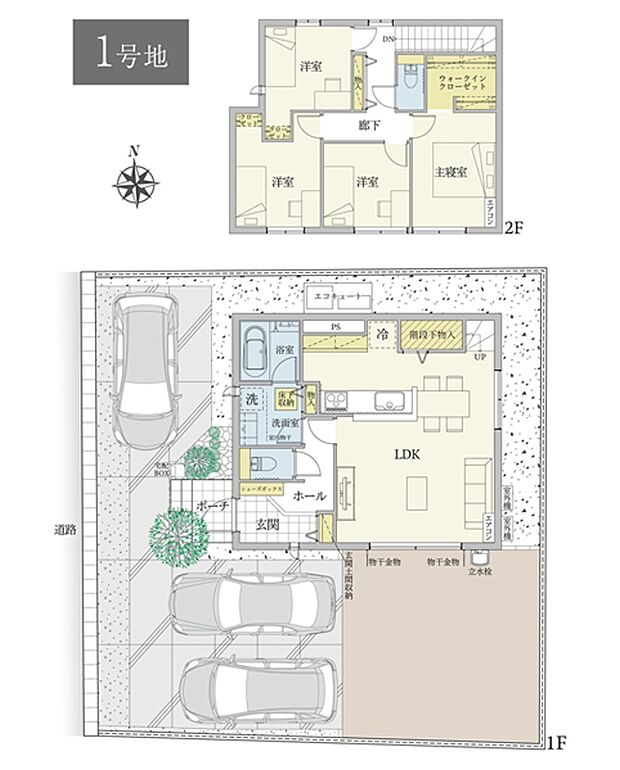 ［1号地 プラン図］※図面に基づいて描いているのでプラン及び外構・植栽については、実際とは多少異なる場合があります。また、車・自転車・家具・家電・備品等は販売価格に含まれません。