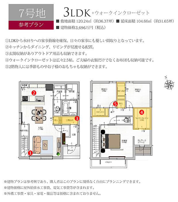 【7号地 建物プラン例（間取り図）】［参考プラン］※建物プランは参考例であり、購入者はこのプランに関係なく、自由にプランニングできます。