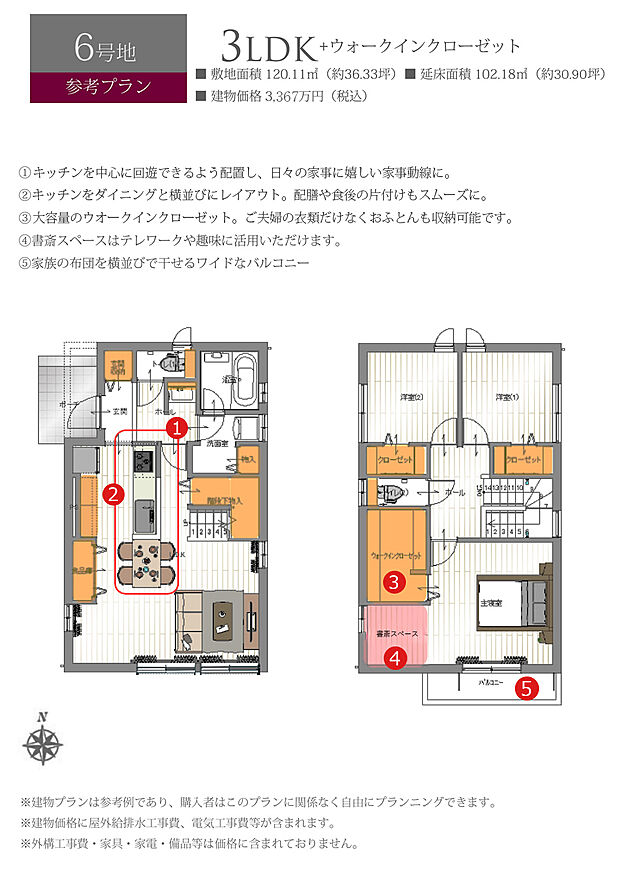【6号地 建物プラン例（間取り図）】［参考プラン］※建物プランは参考例であり、購入者はこのプランに関係なく、自由にプランニングできます。