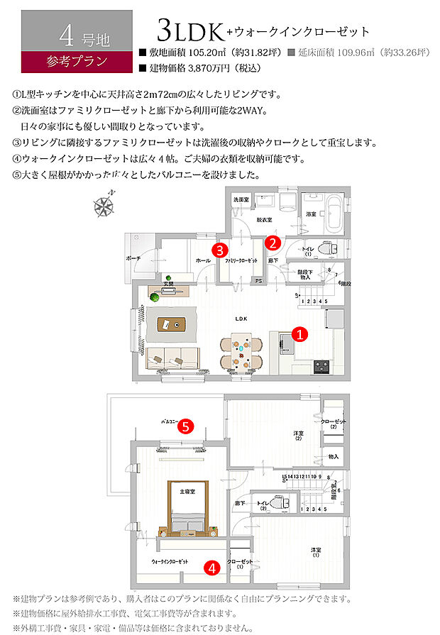 【4号地 建物プラン例（間取り図）】［参考プラン］※建物プランは参考例であり、購入者はこのプランに関係なく、自由にプランニングできます。