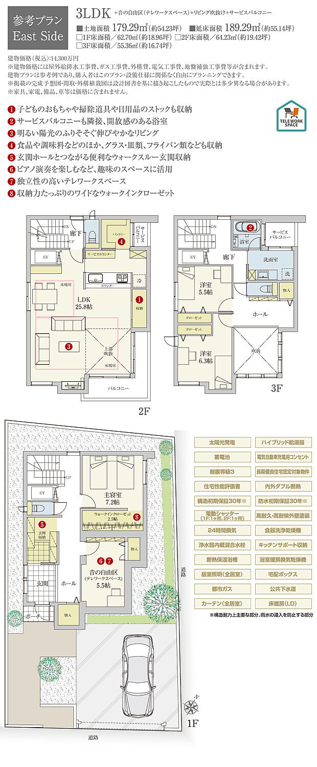 【East Side 建物プラン例（間取り図）】［参考プラン］※建物プランは参考例であり、購入者はこのプランに関係なく、自由にプランニングできます。