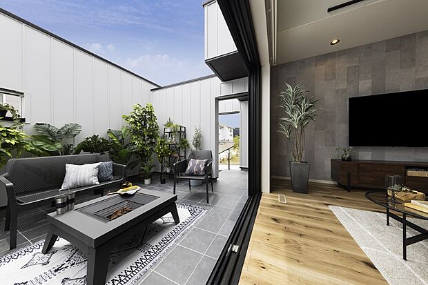 【施工例】
屋外リビングエリアとして、自由な使い方が可能な「ロジア」
庭でありながらプライバシーが守られているので、穏やかでリラックスができる空間です。
リビングと繋がった自由な動線も特徴です。