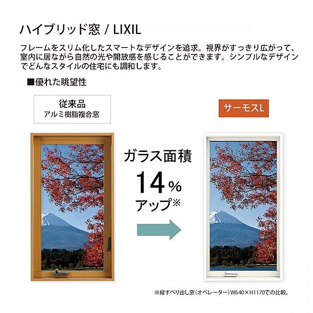 【フレームをスリム化したスマートなデザインを追求】熱を伝えやすい窓のフレームを細くすることで、熱のロスを低減。また、ガラス面が広くなり、開放感アップも