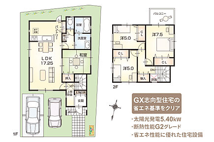 LDKと、続き間の和室で22.5帖！物であふれやすい玄関やキッチンにワイドな収納を確保。2階も全室ワイドなクローゼット付！他にも適材適所に設けた収納で、生活空間にゆとりができます。
【ZEH仕様 + G2グレード仕様付】（外構工事付、消費税込） 