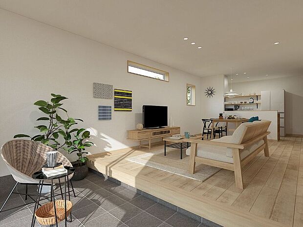 【リビング】【1号地】土間ホールから続く開放的なリビング空間。床面が汚れても掃除がしやすく、機能美と快適性を兼ね備えています。