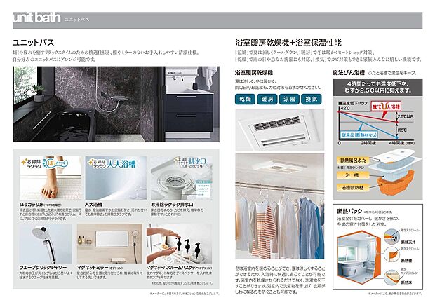 【浴室】快適性と利便性が魅力の多機能ユニットバスです。足元が冷えにくく、汚れが落ちやすい「ほっカラリ床」を採用し、冬でも快適に入浴できます。お手入れが楽々な仕様で、清潔感を保ちやすいのも大きなポイント。