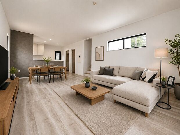 【リビング】明るく開放感あふれるリビング。窓からの自然光が明るく心地よい空間を作り出します。※家具・小物はAIによるイメージ配置です。