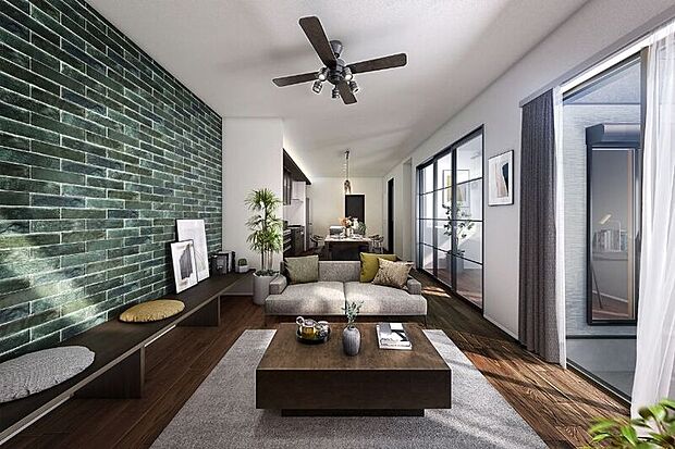 様々な場面で利用できるマルチルームに加えて2階には、洗濯物を千すのに便利なランドリーコーナーを設けました。 デザインタイルの壁面が印象的な空間で、暮らしやすさをスマートに叶えるプラン※1号棟完成予想図