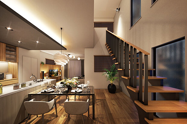 【開放感あふれる20.7帖の広々LDK】
家族の団らんや憩いの場所となるLDKは広々としたゆとりある空間。段差や遮るもののないフラットな設計で食事や語らいも満喫できます。※1号棟完成予想図