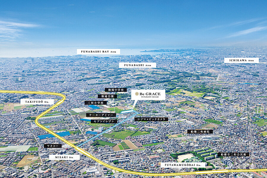 新京成線「三咲」駅まで徒歩12分。全19邸のビッグプロジェク