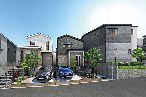 【【品格と風合いを纏った街並み】】上品な邸宅感のあるデザインの住まいを、木調と石調の味わい豊かなマテリアルで彩りました。暮らしの利便と穏やかさが揃う津田沼エリアに誕生する、品格ある街並みです。