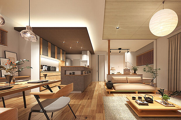 【洗練された美しさと機能美を備えたインテリアと設備・仕様】木の温かみと気品をたたえたフローリングに、趣が異なる多彩なアクセントクロスが空間を演出。デザイン性と機能性が同居する水まわりの設備は、家事の時短を叶え、日々の暮らしを快適に。※6号棟完成予想図