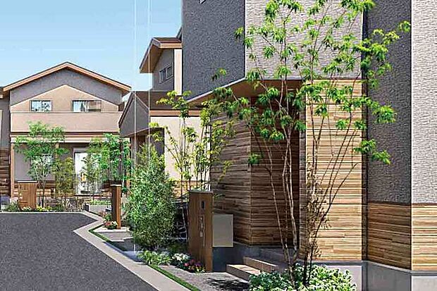 【【植栽計画】】野々下ふれあいの森の緑の風景を街の中へ繋ぐよう植栽を配置。歩くのが楽しみになるような街並みを演出します。