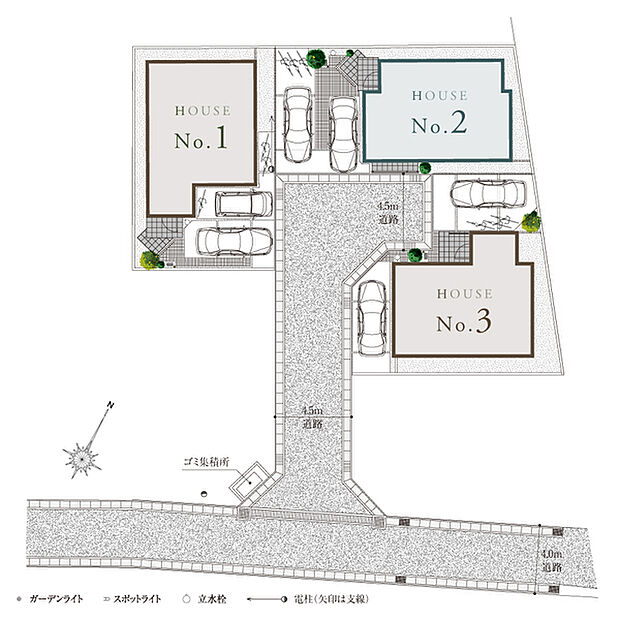 【心地よさと安全性にも配慮した街並み】
街区内道路に連なる全3邸。通り抜けのできないワンエントランスの街区と夜道を明るく照らすポラス独自の協定が、安心で安全な暮らしを届けてくれます。