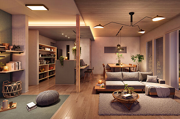 【FLAT MULTI・20J LDK】
LDKは、20帖以上の広さにフラットマルチを設けた憩いの空間。みんなが集まり、思い思いの楽しみ方ができる場としました。※2号棟LDK完成予想図