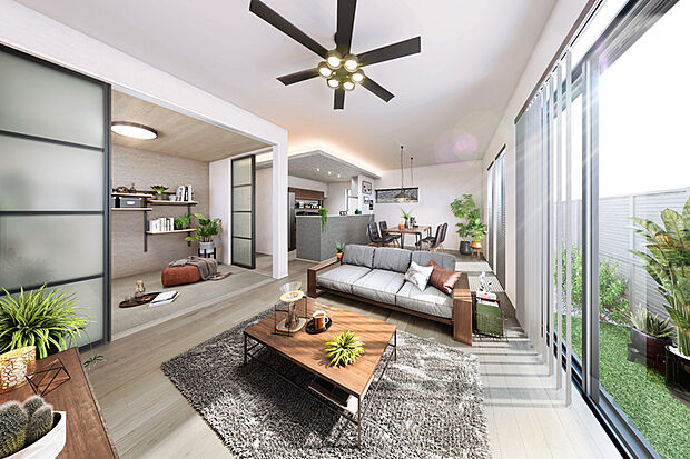 【MULTI ROOM】
家族と程よい距離を保ちながら自分時間が愉しめるマルチルームをご用意。引き戸を閉めて個室にもできるので、接客や書斎、家事室など用途に応じて使えます。※1号棟LDK完成予想図