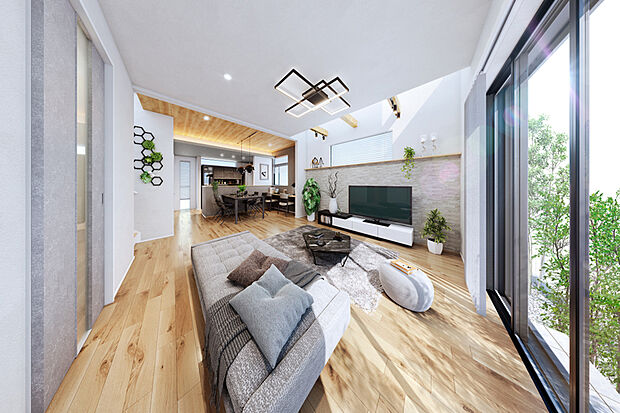 【吹抜リビング・ダイニング】
吹抜を中心に上下へと広がる、立体的な開放感が魅力のLDK。LDK全体にやわらかな明るさをもたらし、視覚的な広がりと、心地よい余白を演出します。※2号棟LDK完成予想図