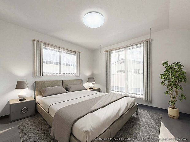 【1号棟 主寝室 CG家具設置イメージ】
※画像内に含まれる家具家電はCGで作成したイメージです。実際の物件には付帯しません。