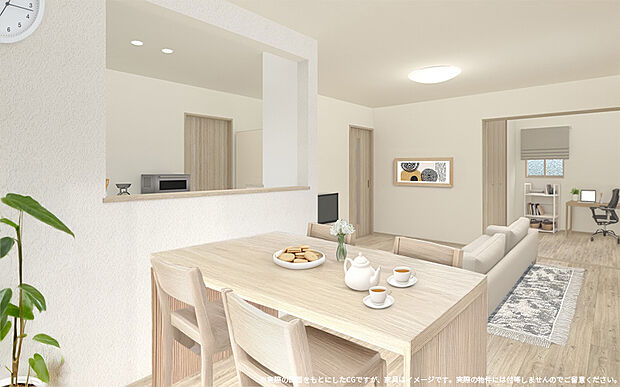 【1号棟 リビング 内観パース】リビングは16.2帖の広さで、開放感があり、家族が集まりやすい場所として設計されています♪
隣接する洋室とつながり、使い勝手の良い間取り!