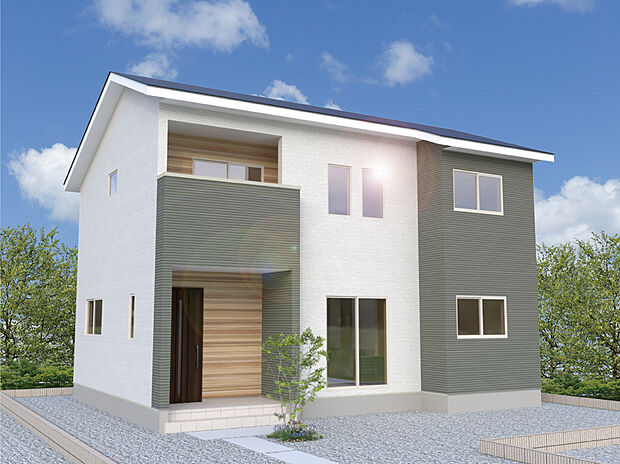 【3号棟外観完成予想図】
落ち着いたトーンのグリーングレーと白のデザインで、街並みに上品に馴染みます！陽当たりの良いバルコニーで、洗濯物が気持ちよく乾きそうです♪
※設計図面を基にした完成予想図です。