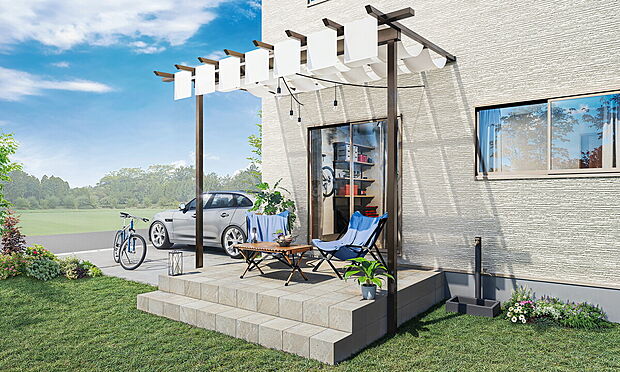 【【アウトドアを楽しむ家 施工イメージ】】約3坪のタイルデッキにパーゴラタイプの屋根がついたアウトドアリビング。バーべキューや星空観察など多目的に使える空間。
※画像はイメージです