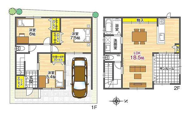 【3LDK】ゆとりある2階建てプラン。LDKは2階に位置し、外部からの視線が気になりづらい設計です。対面式キッチンで、ご家族の会話が弾みます。サンルーム付き。