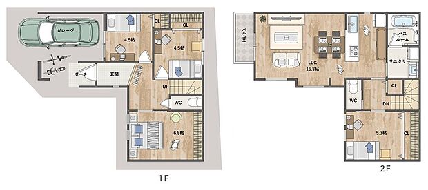 【間取り図/6号地】
2階LDKに水回りを集約。洗面室と浴室が2階にあることで、洗濯物をそのままバルコニーへ干すことができ、効率良く家事ができます。