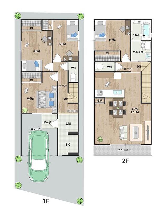 【参考プラン図】
2階建4LDKプラン。LDKは約17.5帖の広さ。2階に水回りを集約し、家事動線良好です。全居室収納に加え、大容量のSIC付き。《建物面積93.55m2、建物価格1688万円》