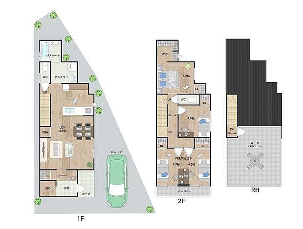 【2号地・参考プラン図】
階段を使わずすぐくつろげる、1階LDKプラン。2階には将来間仕切りが可能な洋室2部屋を配置。ルーフバルコニー付き。《建物面積98.21m2、建物価格1764万円》