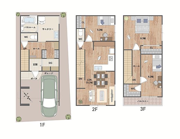 【1号地・参考プラン図】
ゆとりある広さが魅力の「3LDK」の住まい。洋室3部屋は約5.2帖～約8.3帖と、ゆったりと寛げるプライベート空間です。《建物面積96.58m2、建物価格2032万円》