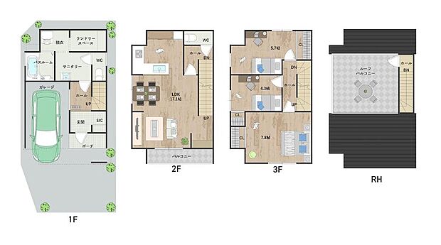 【7号地・参考プラン図】
開放的なルーフバルコニーを設けた「3LDK」。贅沢なプライベート空間をお楽しみいただけます。1階にランドリースペースあり。《建物面積98.00m2、建物価格2058万円》