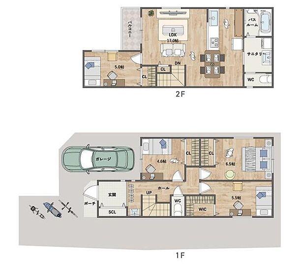 2階にLDKと水廻りを集約した、生活動線の良いプラン。バルコニーサイドで明るく風通しの良い団欒空間が実現できます。《建物面積92.34m2、建物価格1600万円》