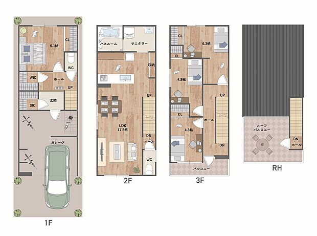 リビング階段&対面式キッチン仕様のご家族のコミュニケーションが深まるプラン。SICやWIC、全居室に収納を設け、すっきりとした暮らしが叶います。《建物面積 106.3m2、建物価格1816万円》