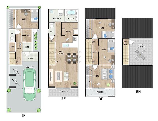 ルーフバルコニー付きプラン。2階LDKは南向きバルコニーに面しており、たっぷりの陽光が差し込みます。パントリー、SIC有。《建物面積109.34m2、建物価格1964万円》