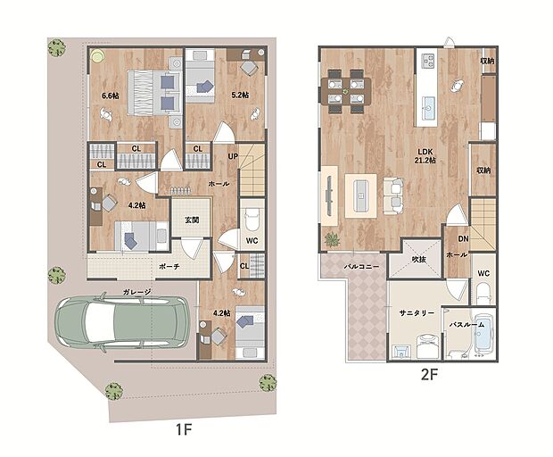 上下階の行き来が楽に行える2階建ての住まい。広々としたLDKや水回りは2階に配置。家事動線、洗濯動線がスムーズな間取りです。《建物面積106.11m2、建物価格2203万円》